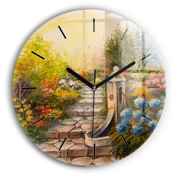 Round glass wall clock Oil composition in the forest