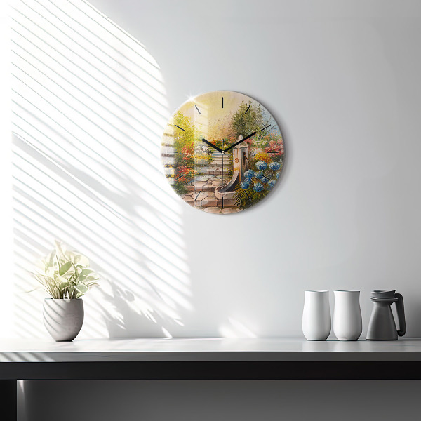 Round glass wall clock Oil composition in the forest