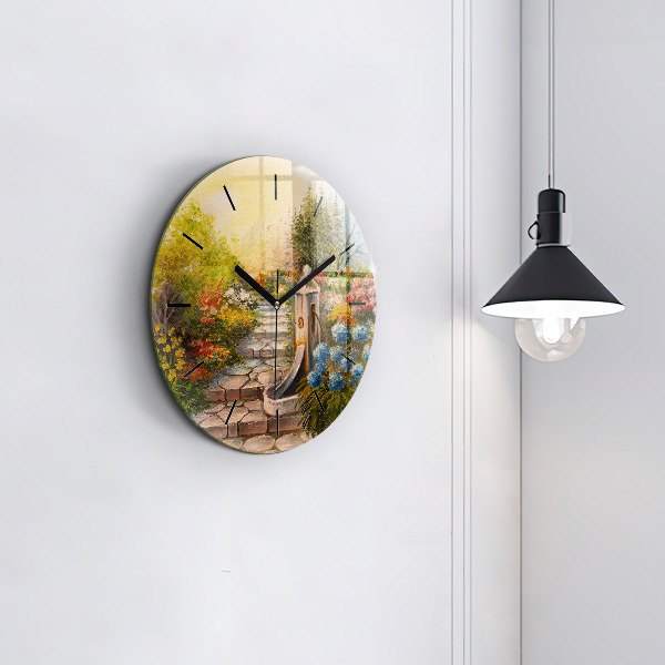 Round glass wall clock Oil composition in the forest