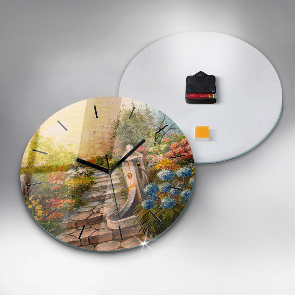 Round glass wall clock Oil composition in the forest