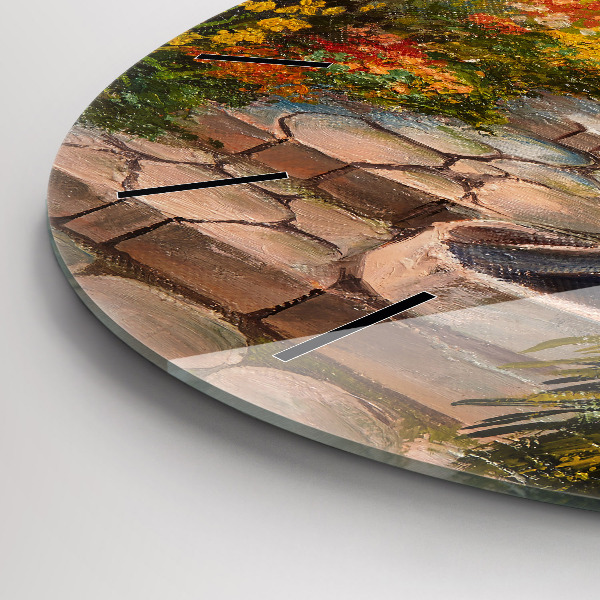 Round glass wall clock Oil composition in the forest