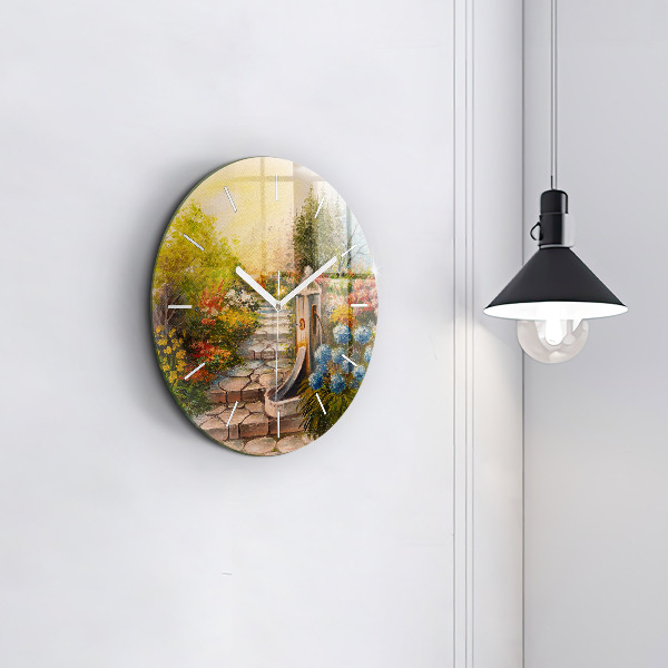 Round glass wall clock Oil composition in the forest