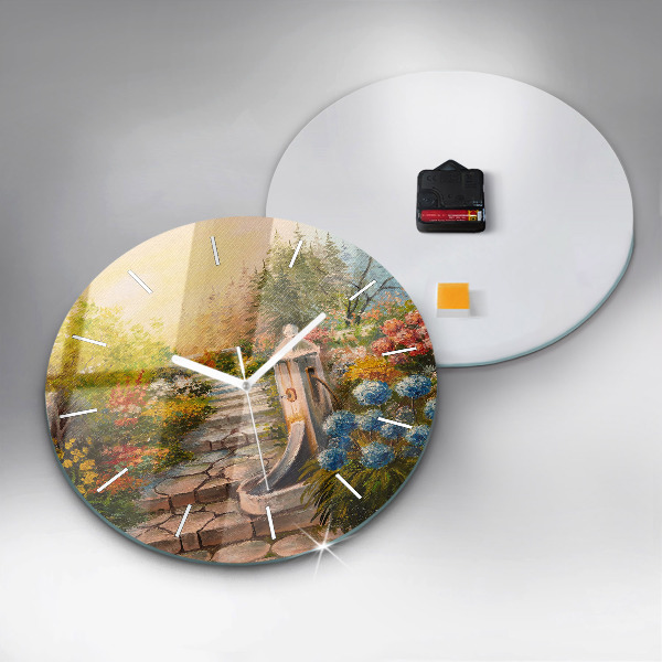 Round glass wall clock Oil composition in the forest