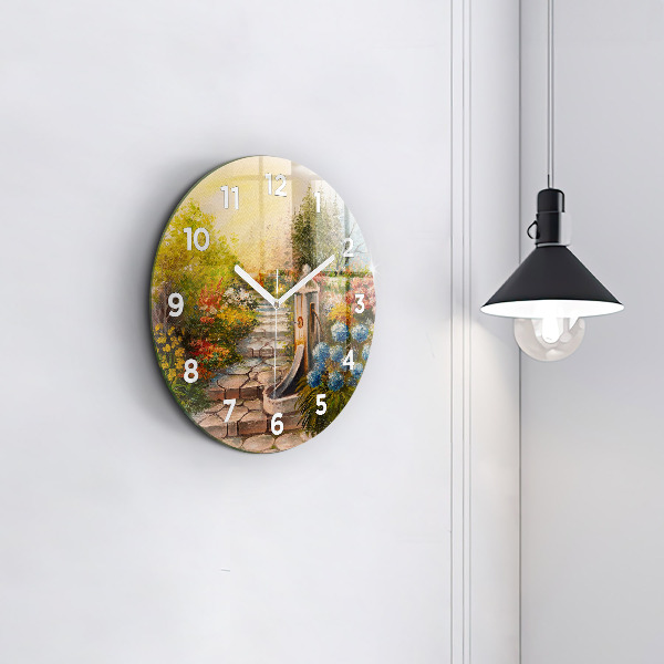 Round glass wall clock Oil composition in the forest
