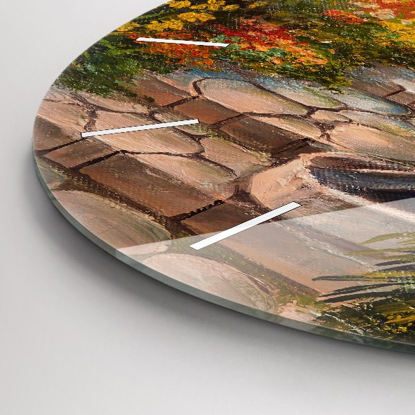 Round glass wall clock Oil composition in the forest
