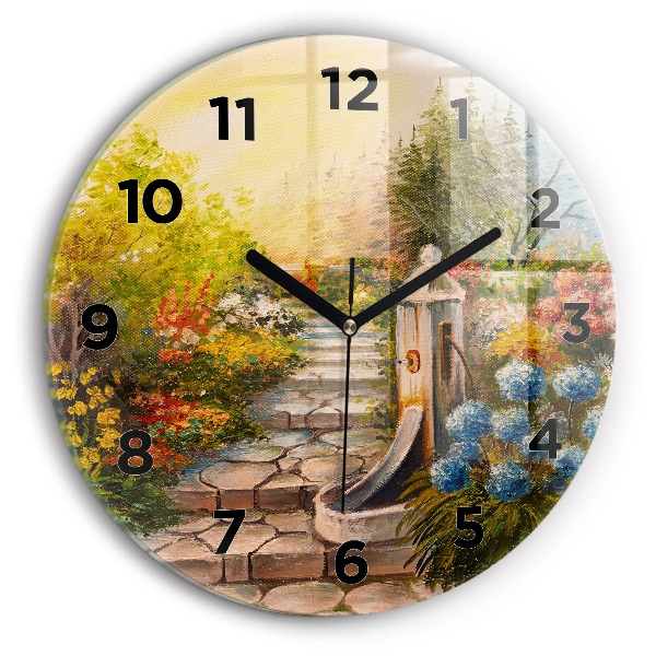Round glass wall clock Oil composition in the forest
