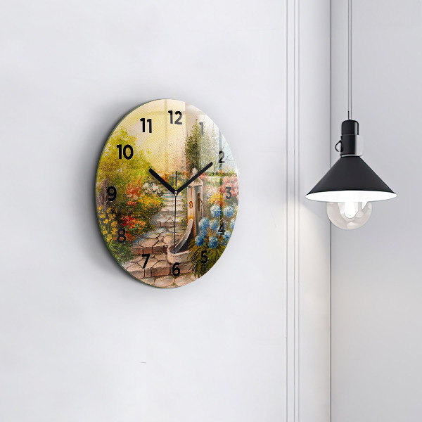 Round glass wall clock Oil composition in the forest