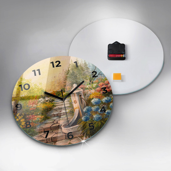 Round glass wall clock Oil composition in the forest
