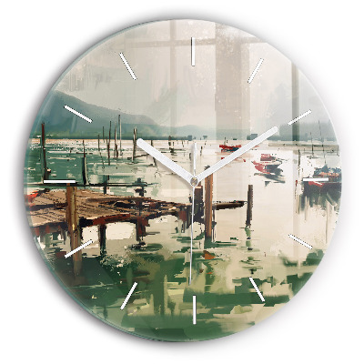Round glass wall clock Fishing boats in the port