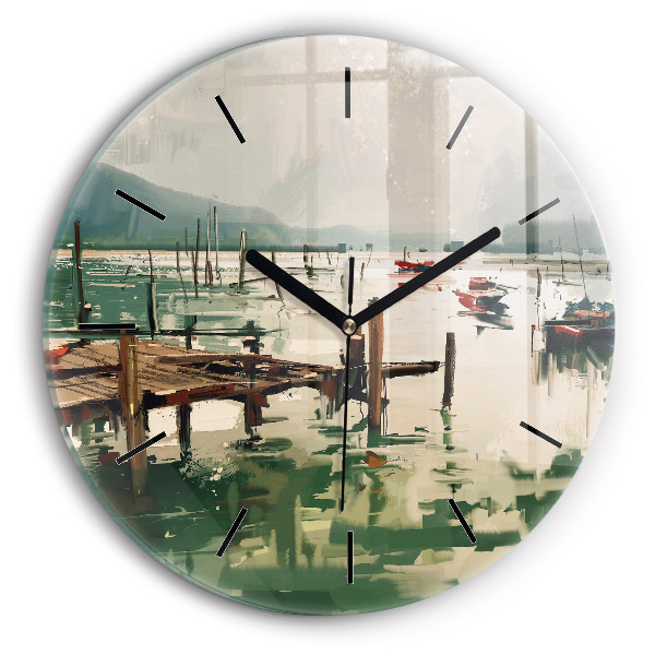 Round glass wall clock Fishing boats in the port