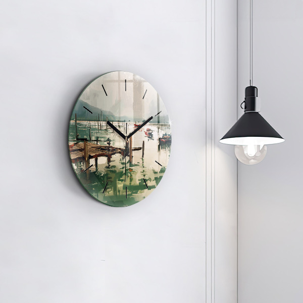 Round glass wall clock Fishing boats in the port