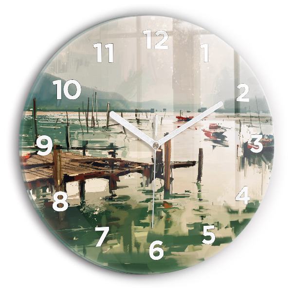 Round glass wall clock Fishing boats in the port