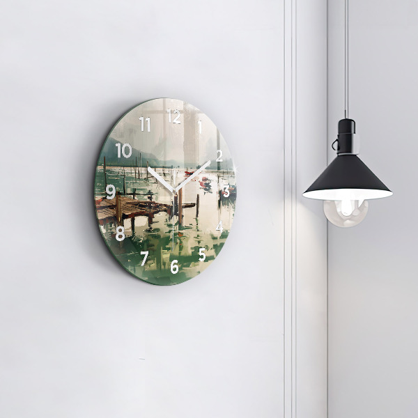 Round glass wall clock Fishing boats in the port