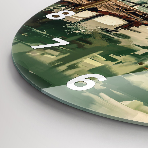 Round glass wall clock Fishing boats in the port