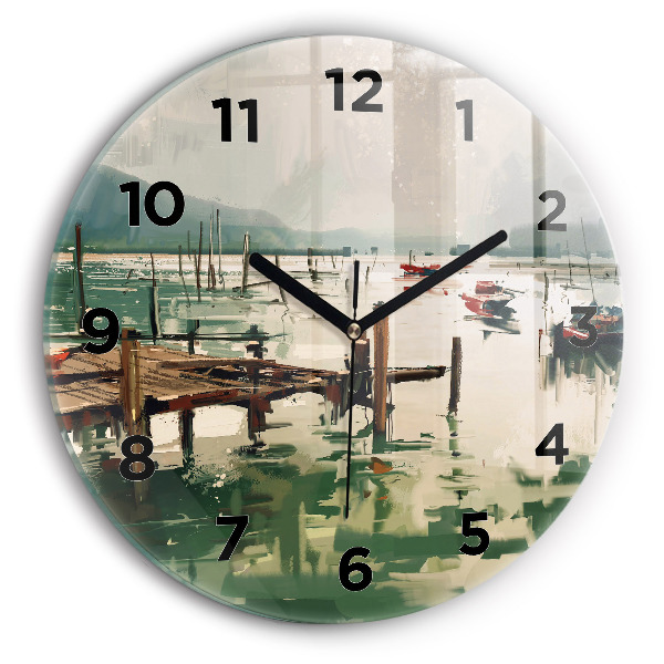 Round glass wall clock Fishing boats in the port