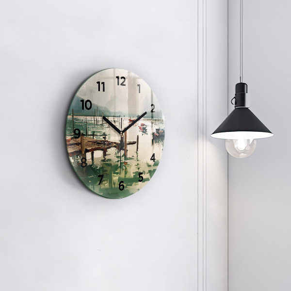 Round glass wall clock Fishing boats in the port