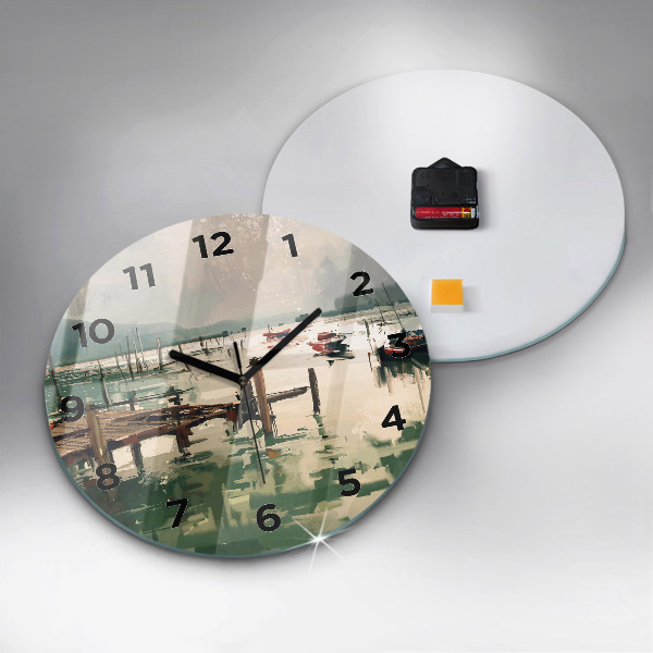 Round glass wall clock Fishing boats in the port