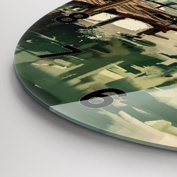 Round glass wall clock Fishing boats in the port
