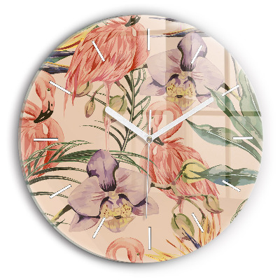 Round glass wall clock Tropical palm leaves