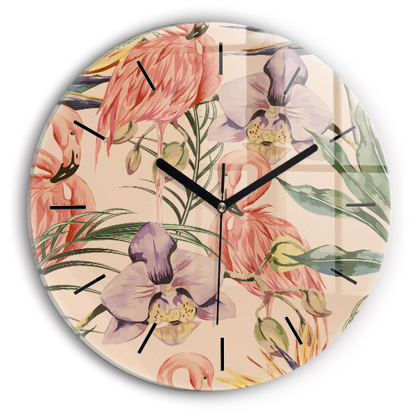 Round glass wall clock Tropical palm leaves