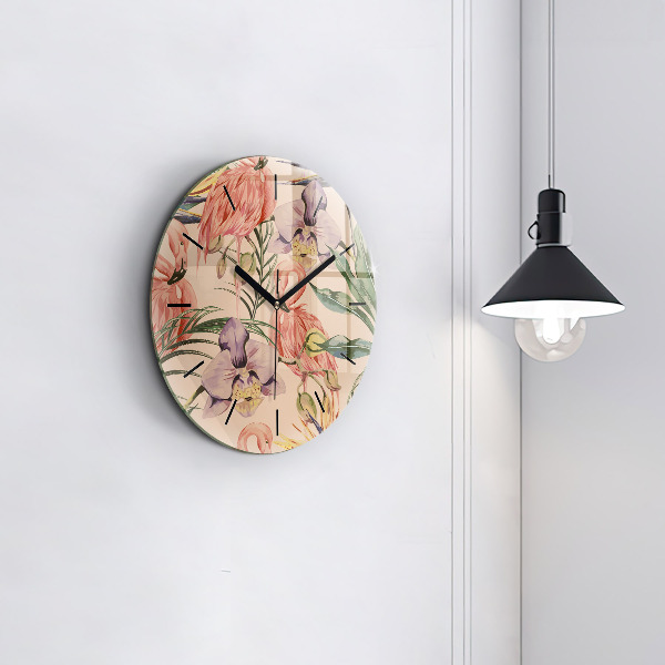 Round glass wall clock Tropical palm leaves