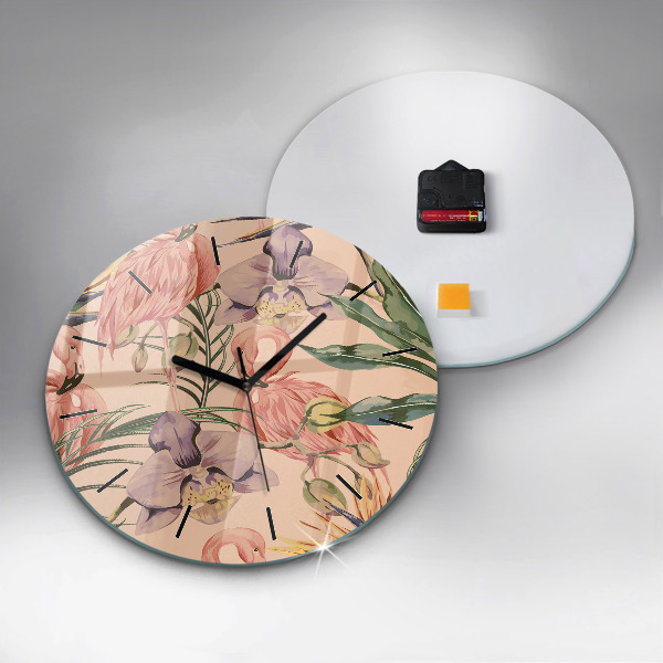 Round glass wall clock Tropical palm leaves