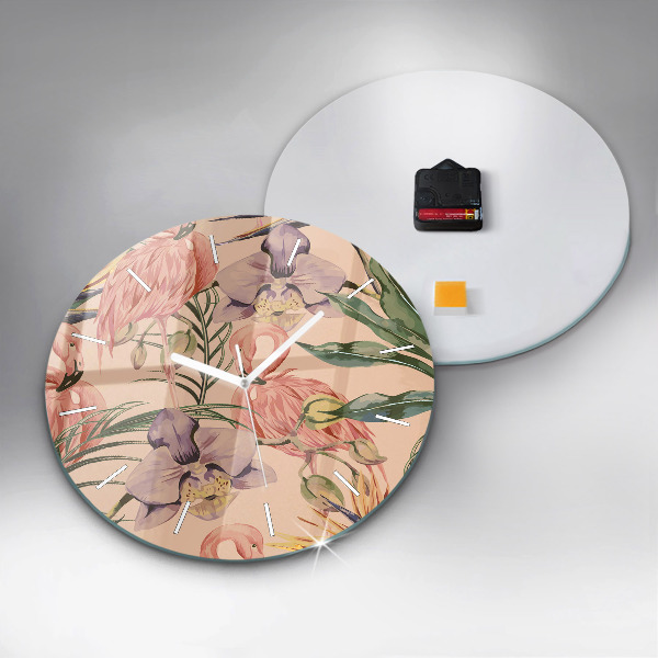 Round glass wall clock Tropical palm leaves