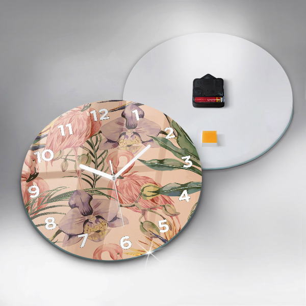 Round glass wall clock Tropical palm leaves