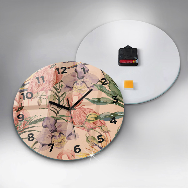 Round glass wall clock Tropical palm leaves
