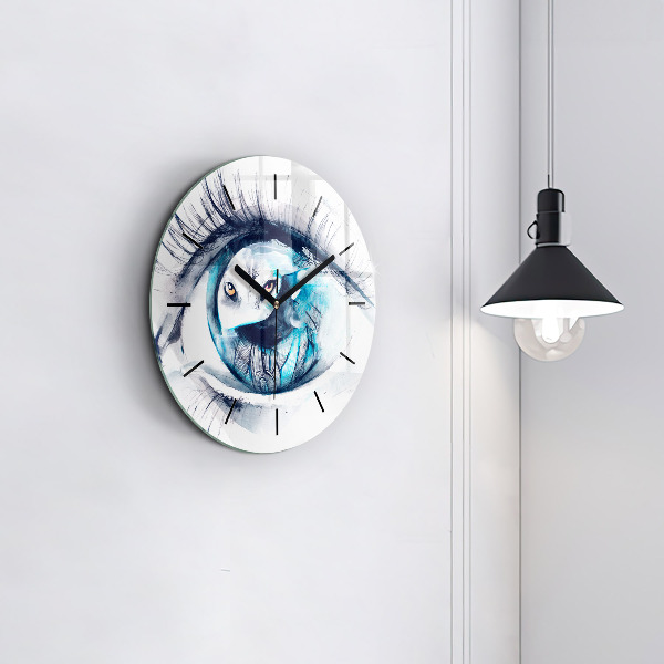 Round glass wall clock Wolf Eye Illustration