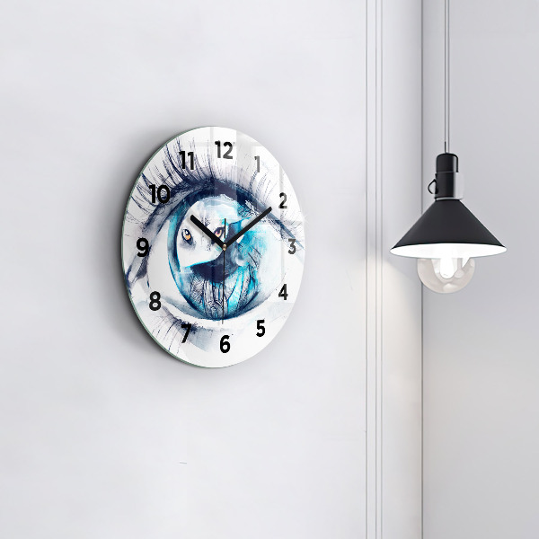 Round glass wall clock Wolf Eye Illustration