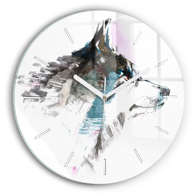 Round glass wall clock Painted Wolf Profile