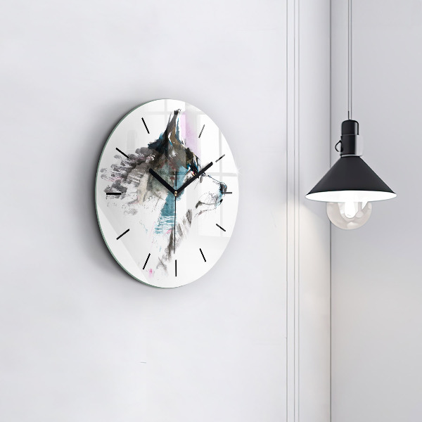 Round glass wall clock Painted Wolf Profile