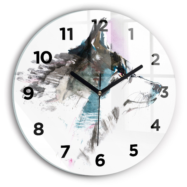 Round glass wall clock Painted Wolf Profile