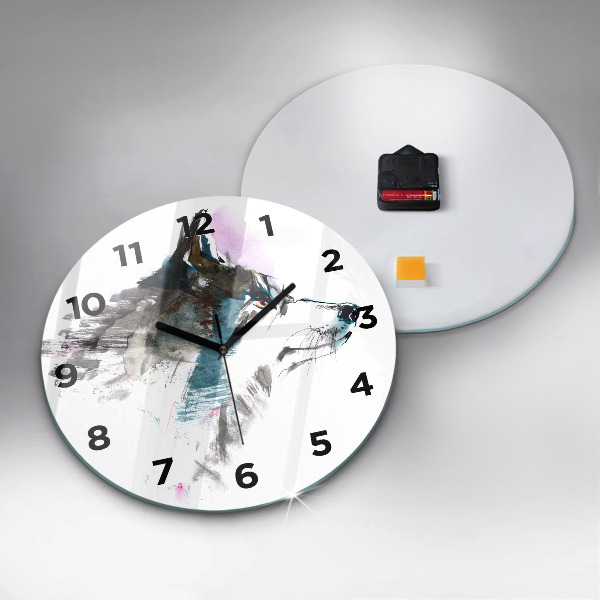 Round glass wall clock Painted Wolf Profile