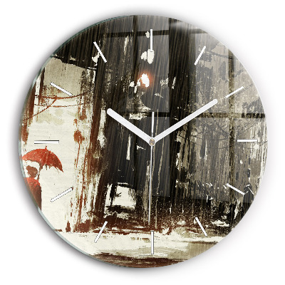 Round glass wall clock Woman on a rainy night