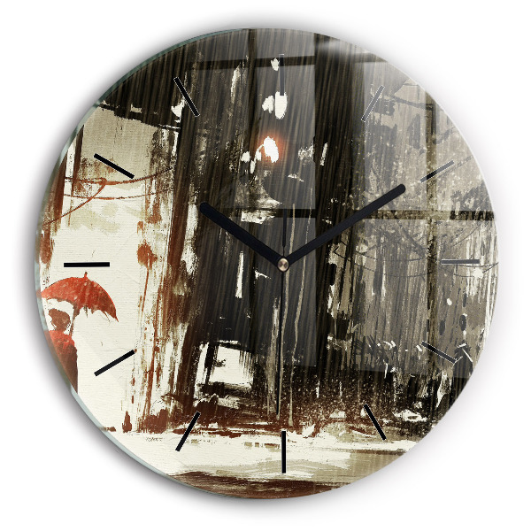 Round glass wall clock Woman on a rainy night