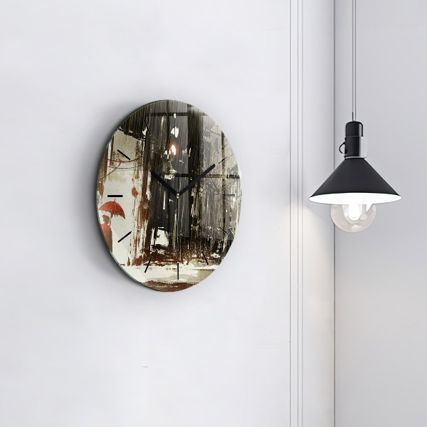 Round glass wall clock Woman on a rainy night