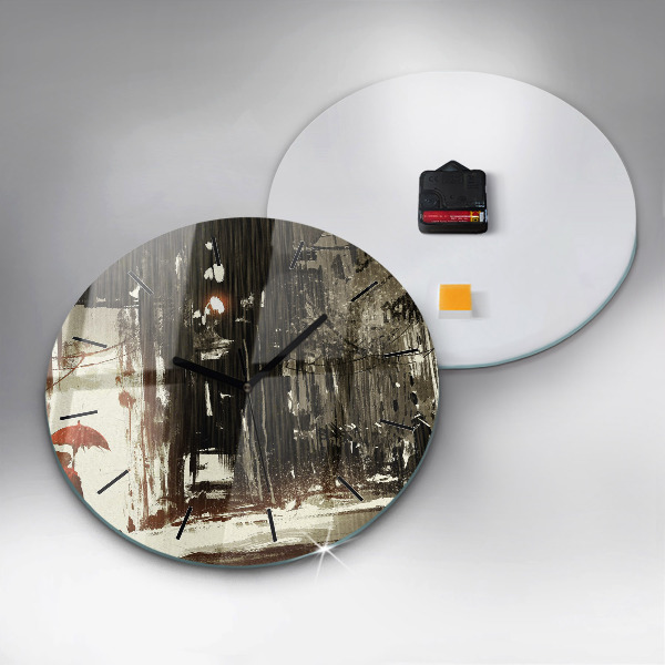 Round glass wall clock Woman on a rainy night