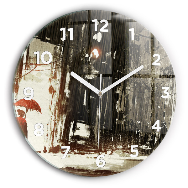 Round glass wall clock Woman on a rainy night