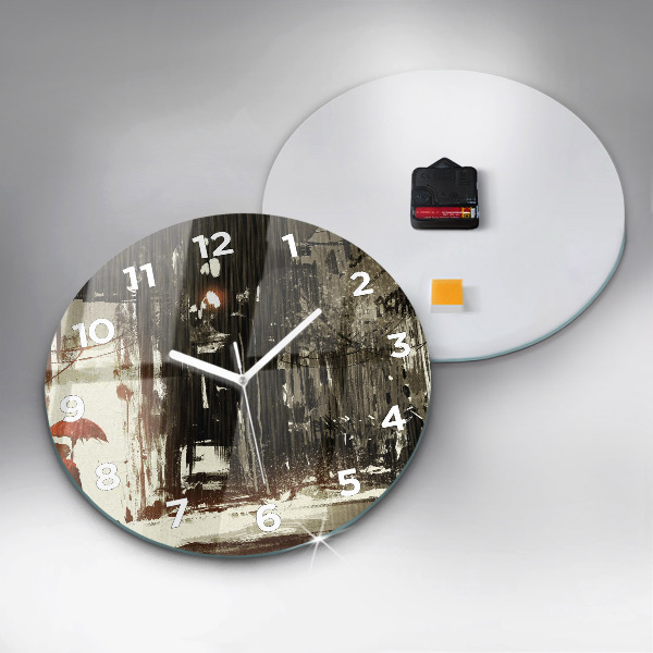 Round glass wall clock Woman on a rainy night