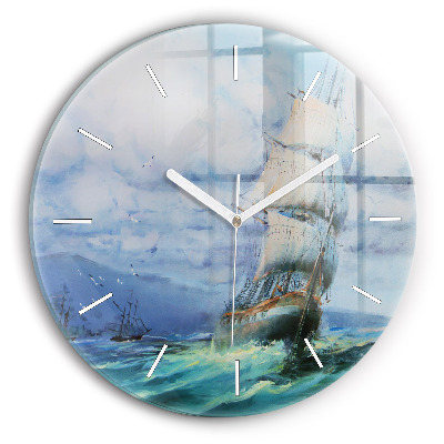 Round glass wall clock A ship on the water