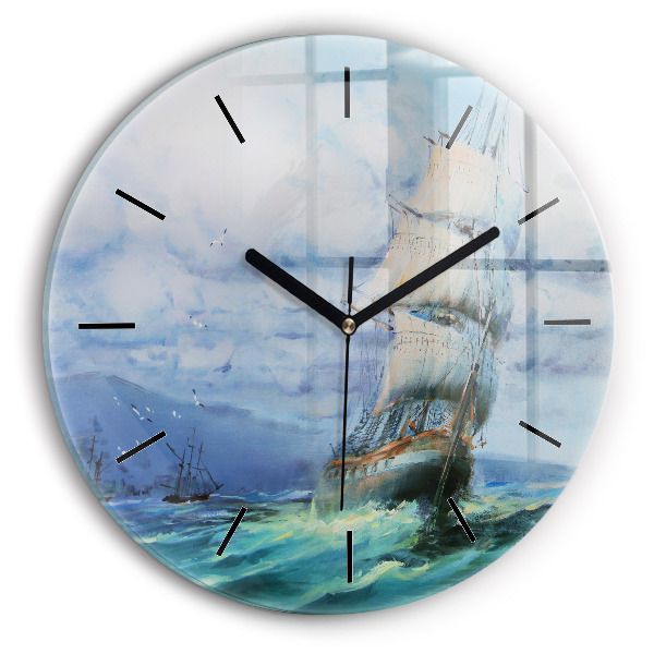 Round glass wall clock A ship on the water