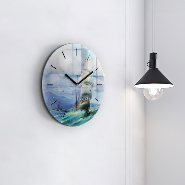 Round glass wall clock A ship on the water