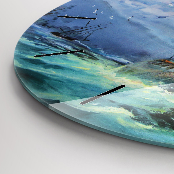 Round glass wall clock A ship on the water