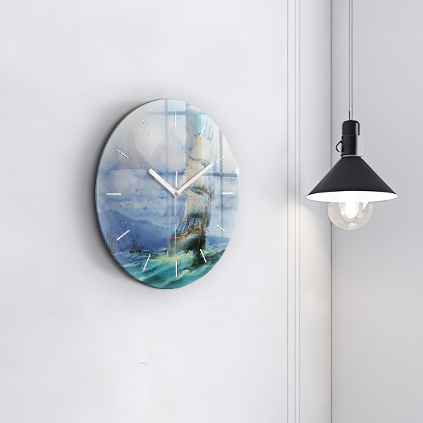 Round glass wall clock A ship on the water