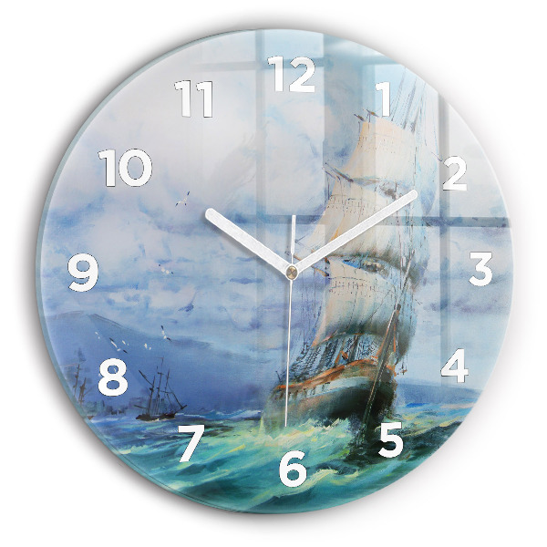 Round glass wall clock A ship on the water