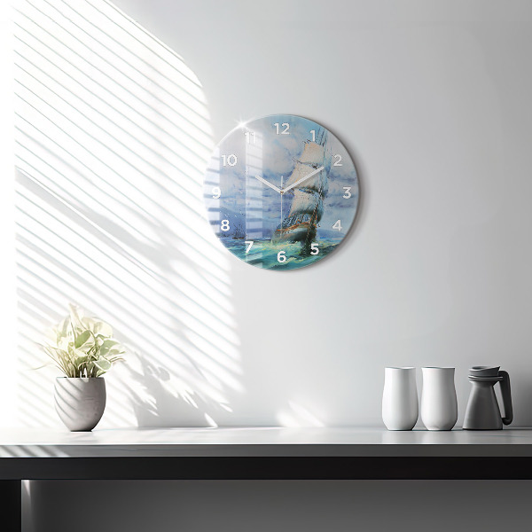 Round glass wall clock A ship on the water