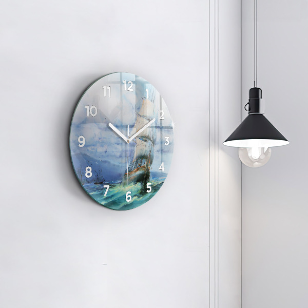 Round glass wall clock A ship on the water