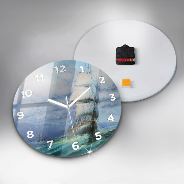 Round glass wall clock A ship on the water